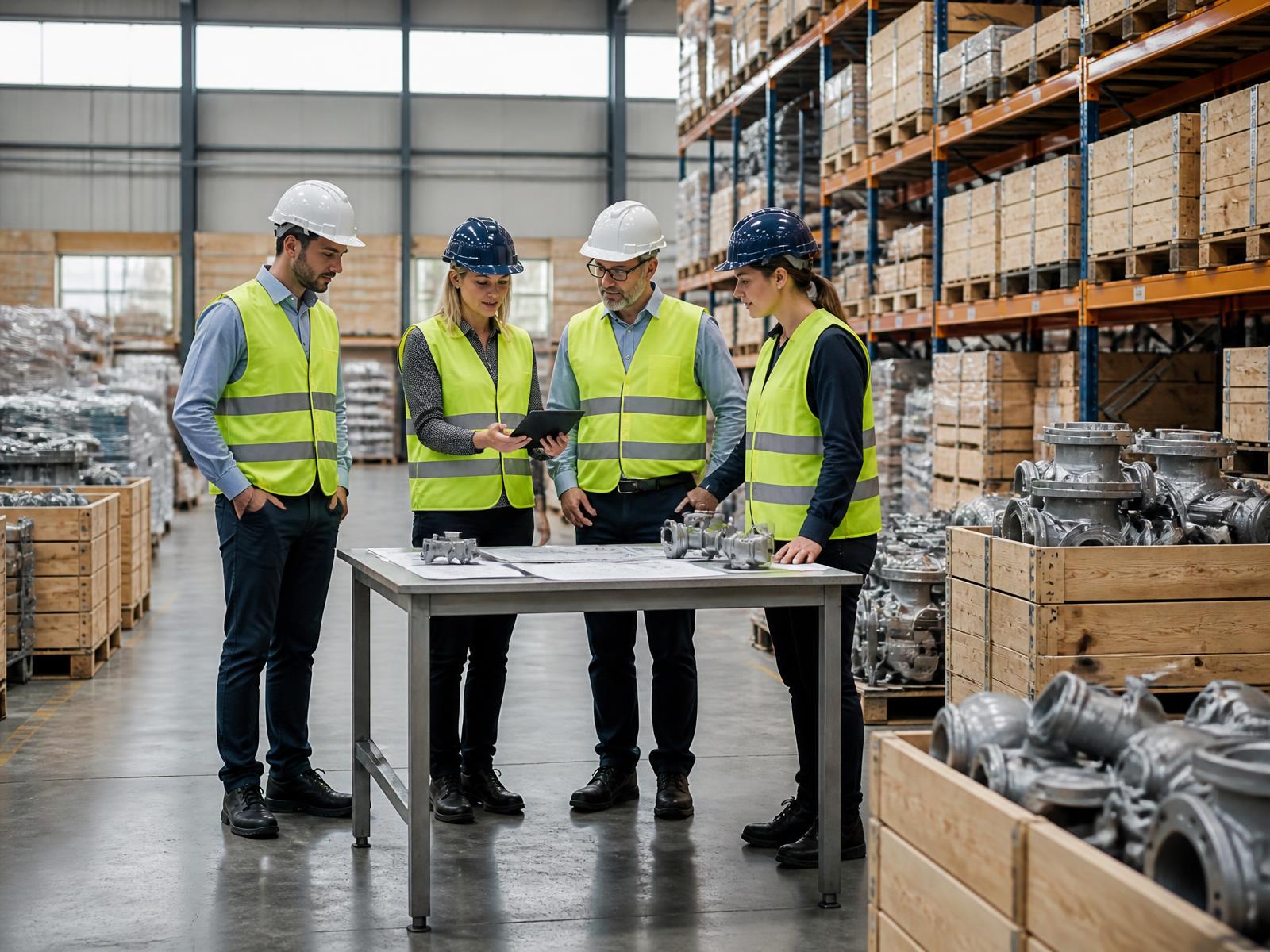 Procurement professionals reviewing technical specifications beside crated industrial equipment in a staging area